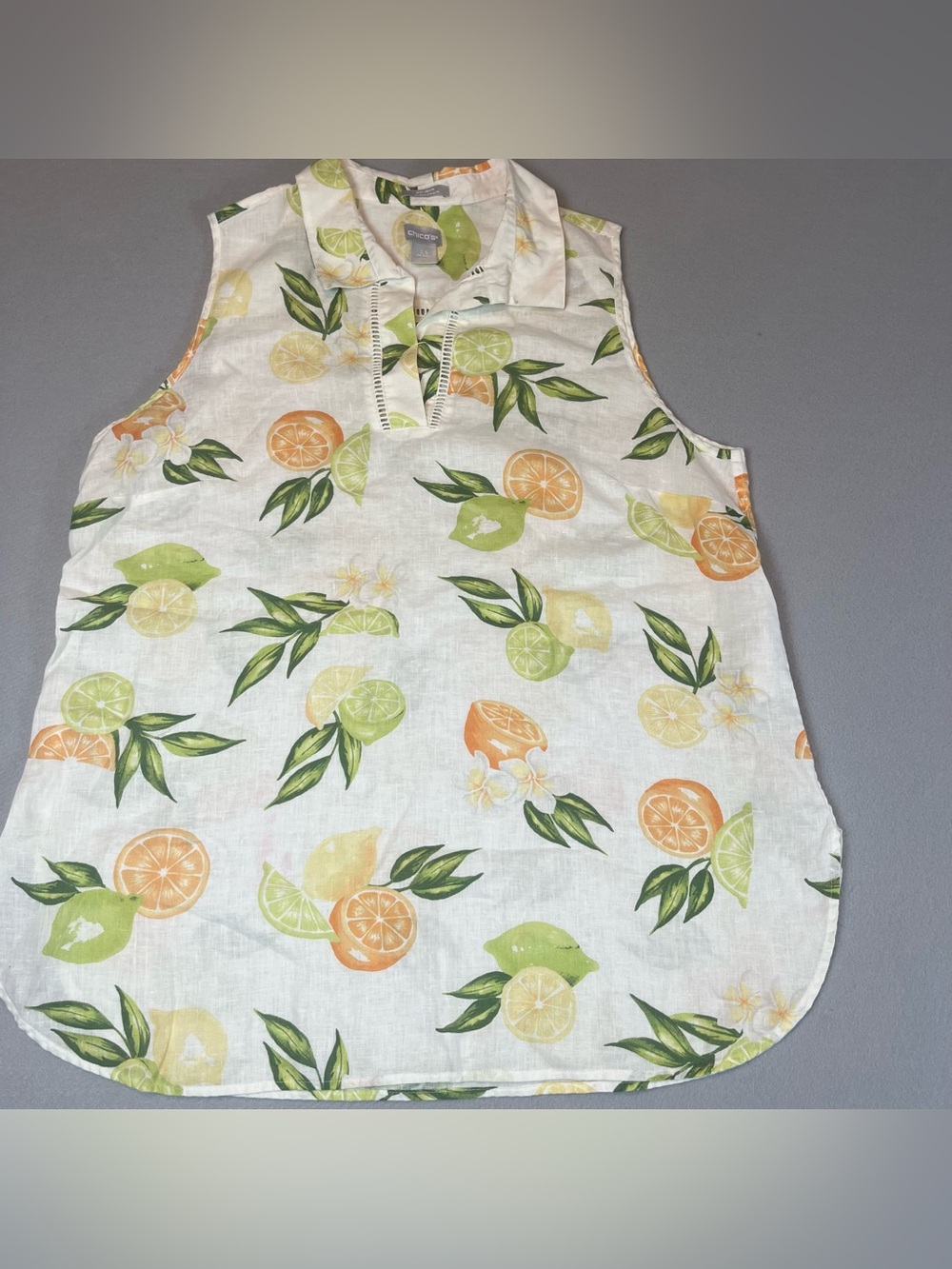Chicos 100% Linen Sleeveless 14 L 2.5 Citrus Fruit Lemon Lime Orange Cottagecore